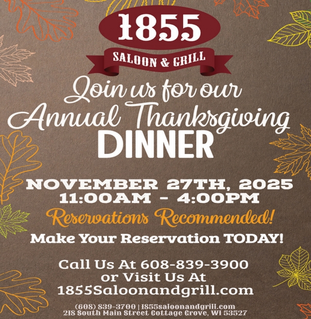 Join Us for Our Annual Thanksgiving Dinner, 1855 Saloon & Grill - Olde Town Coffee House, Cottage Grove, WI