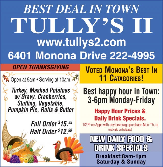 New Daily Food & Drink Specials, Tully's II Food & Spirits, Monona, WI