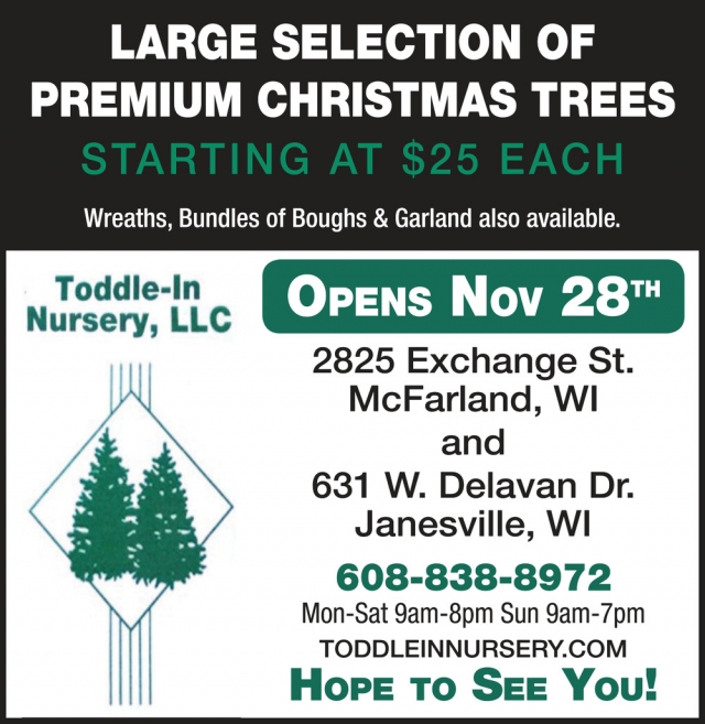 Large Selection of Premium Christmas Trees, Toddle-In Nursery, LLC, Mcfarland, WI