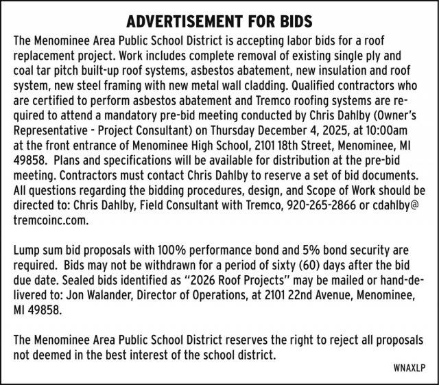 Advertisement for Bids, Menominee Area Public Schools, Menominee, MI