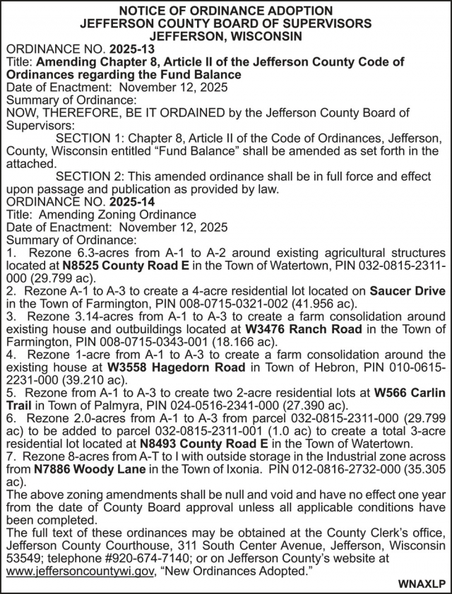 Notice of Ordinance Adoption, Jefferson County WI Government, Jefferson, WI