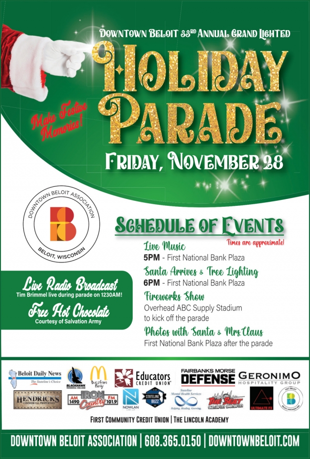 Schedule of Events, Downtown Beloit Association 33rd Annual Grand Lighted Holiday Parade (November 28, 2025)