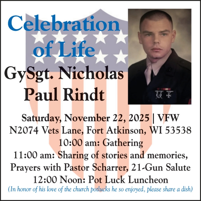 Celebration of Life., GySgt. Nicholas Paul Rindt (November 22, 2025)