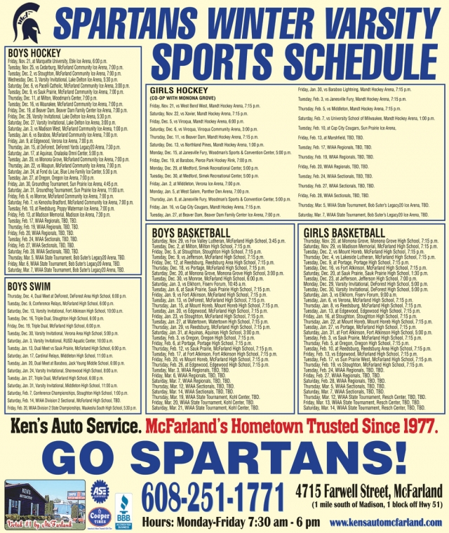 Spartans Winter Varsity Sports Schedule, Ken's Automotive Services, Mcfarland, WI