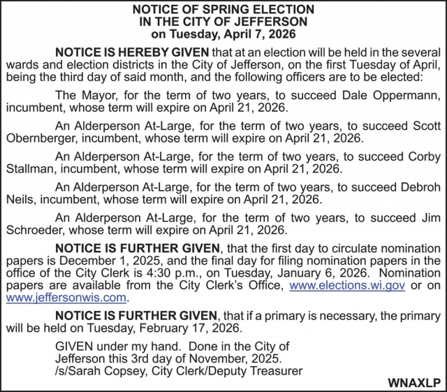 Notice, City Of Jefferson, Jefferson, WI