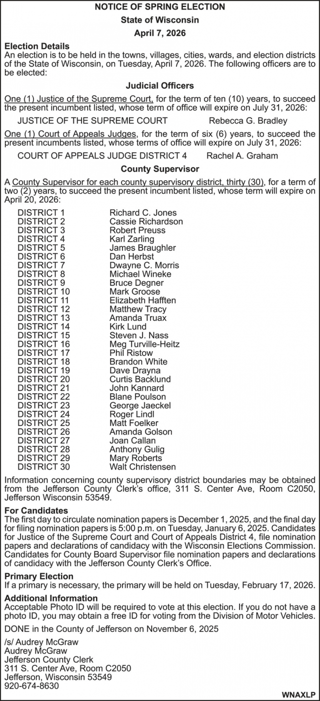 Notice of Spring Election, Jefferson County, Jefferson, WI