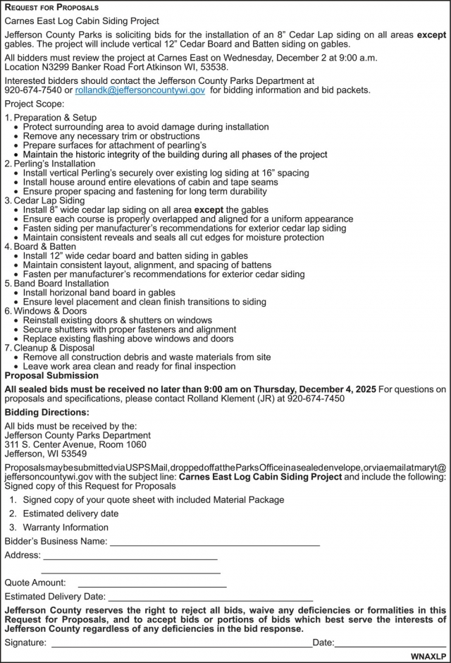 Request for Proposals, Jefferson County Parks, Jefferson, WI