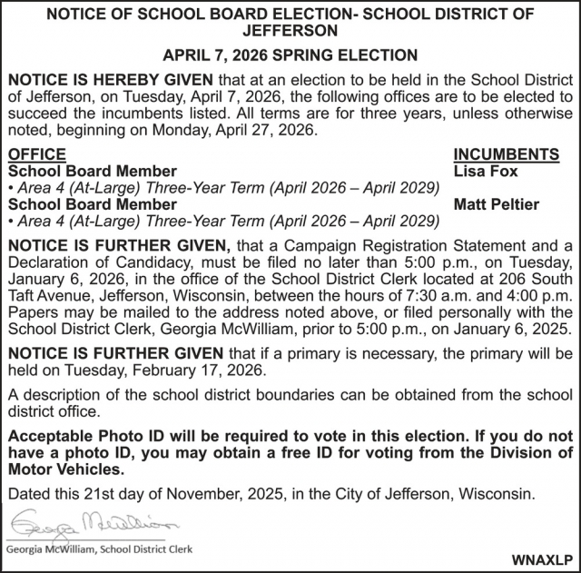 Notice of School Board, School District of Jefferson, Jefferson, WI
