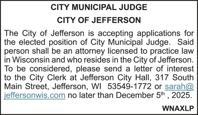 City Municipal Judge, City Of Jefferson, Jefferson, WI
