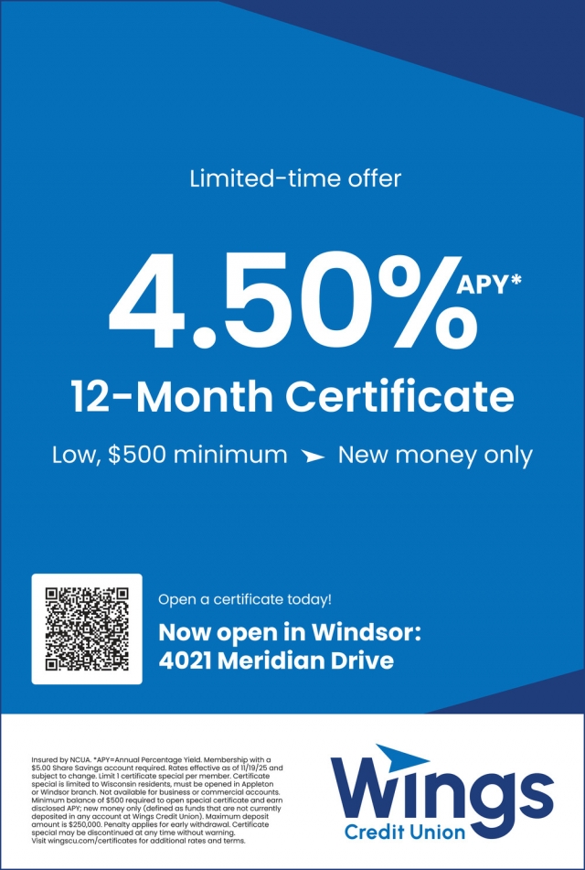 4.50% APY* 12-Month Certificate, Wings Credit Union