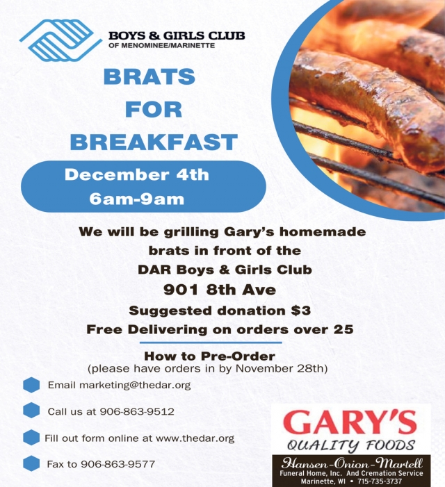 Brats for Breakfast, DAR Boys & Girls Club, Menominee, MI