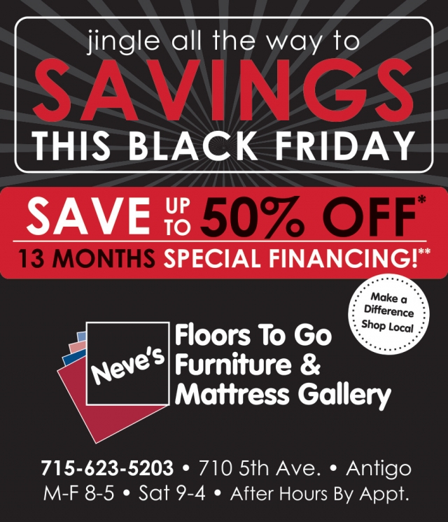 Jingle All the Way to Savings This Black Friday, Neve's Floors to Go Furniture & Mattress Gallery, Antigo, WI