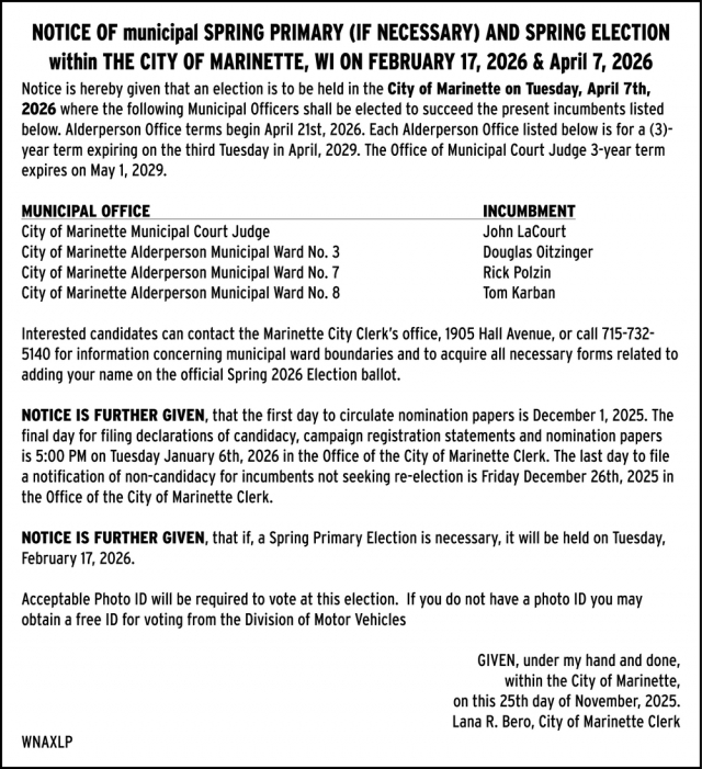 Notice of Municipal Spring Primary and Spring Election, City of Marinette, Marinette, WI