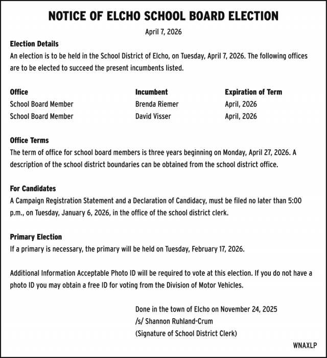Notice of Echlo School Board Election, Elcho School District, Elcho, WI