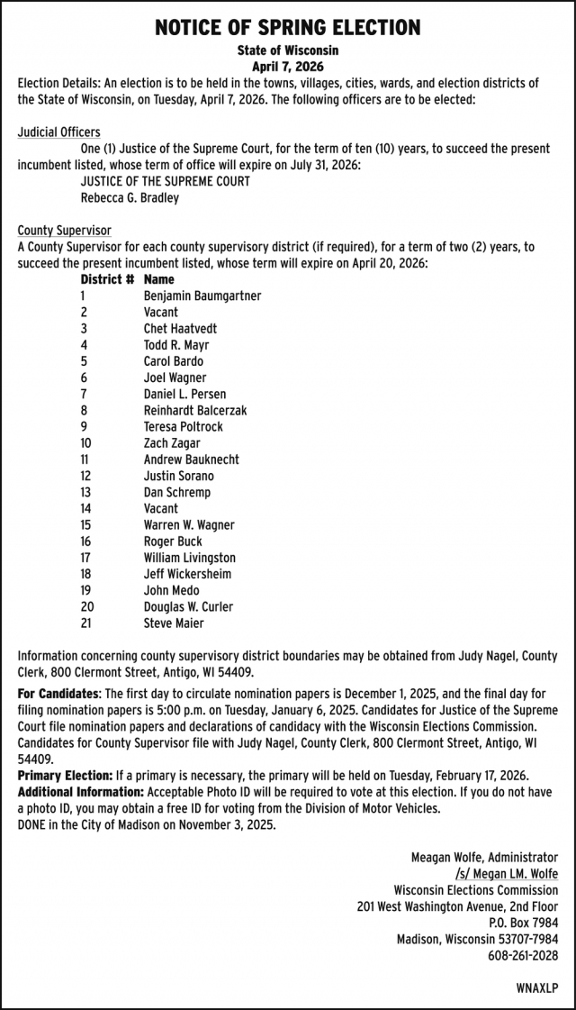 Notice of Spring Election, Langlade County Clerk