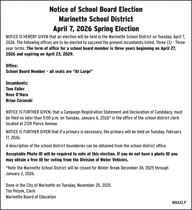Notice of School Board Election, Marinette School District, Marinette, WI
