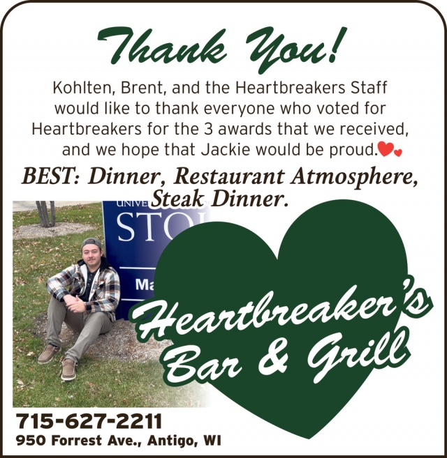 Best: Dinner, Steak Dinner, Seafood, Heartbreaker's Bar & Grill, Antigo, WI