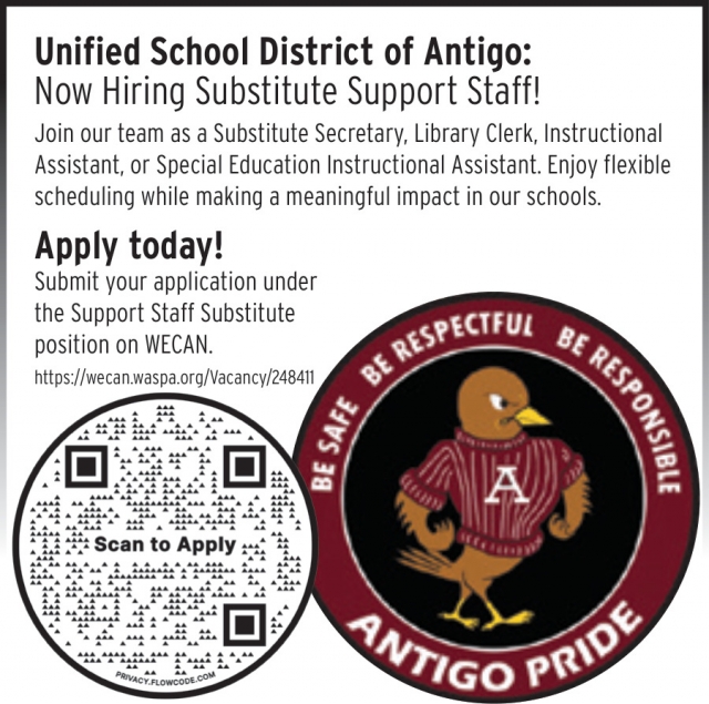 Subsitute Support Staff, Unified School District of Antigo, Antigo, WI