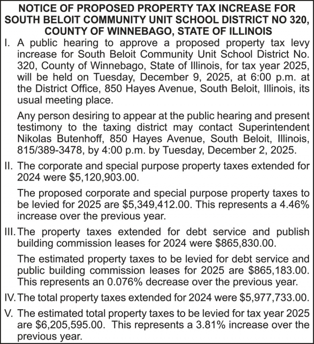 Notice of Proposed Property Tax Increase, County Of Winnebago, South Beloit, IL