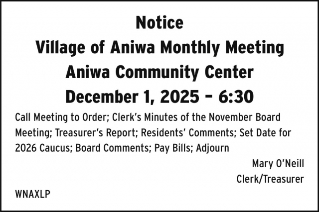 Notice, Village of Aniwa Monthly Meeting at Aniwa Community Center, Aniwa, WI