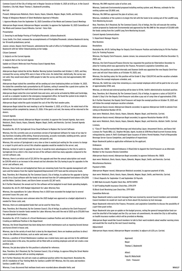 Regular Session, City of Antigo, Antigo, WI