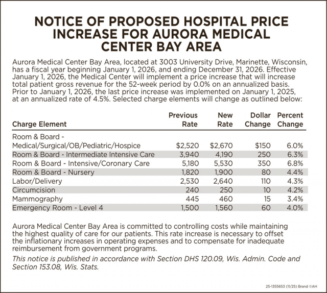 Notice of Proposed Hospital Price Increase, Aurora Medical Center, Marinette, WI