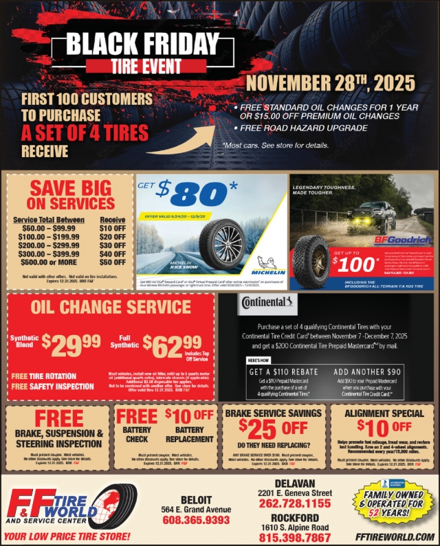 Black Friday Tire Event, F&F Tire Service Inc., Delavan, WI