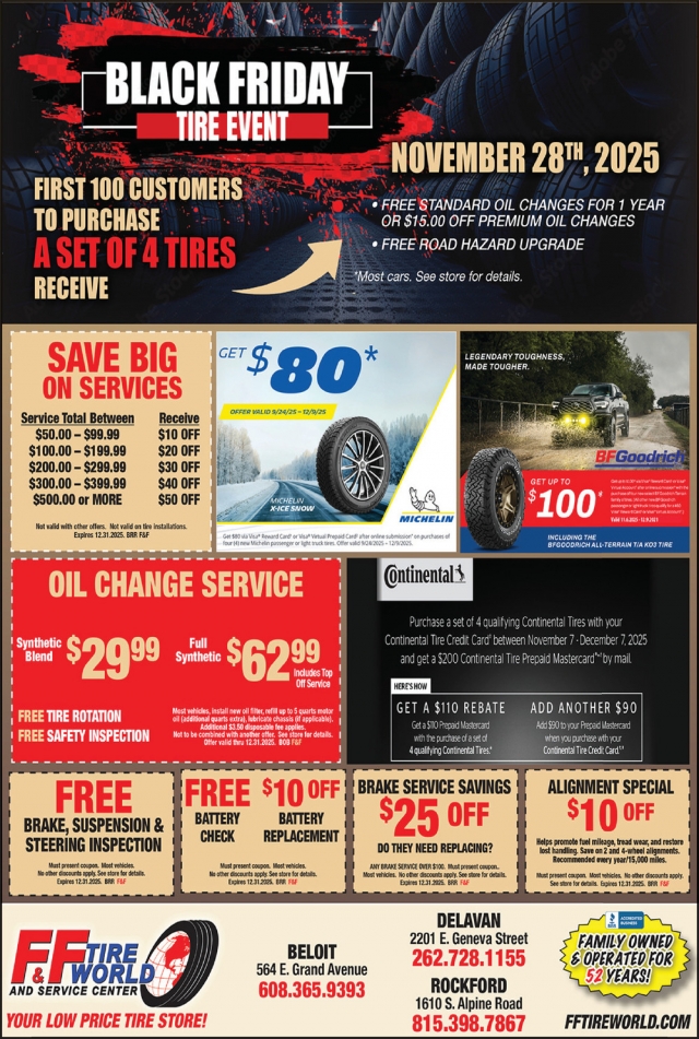 Black Friday Tire Event, F&F Tire Service Inc., Delavan, WI