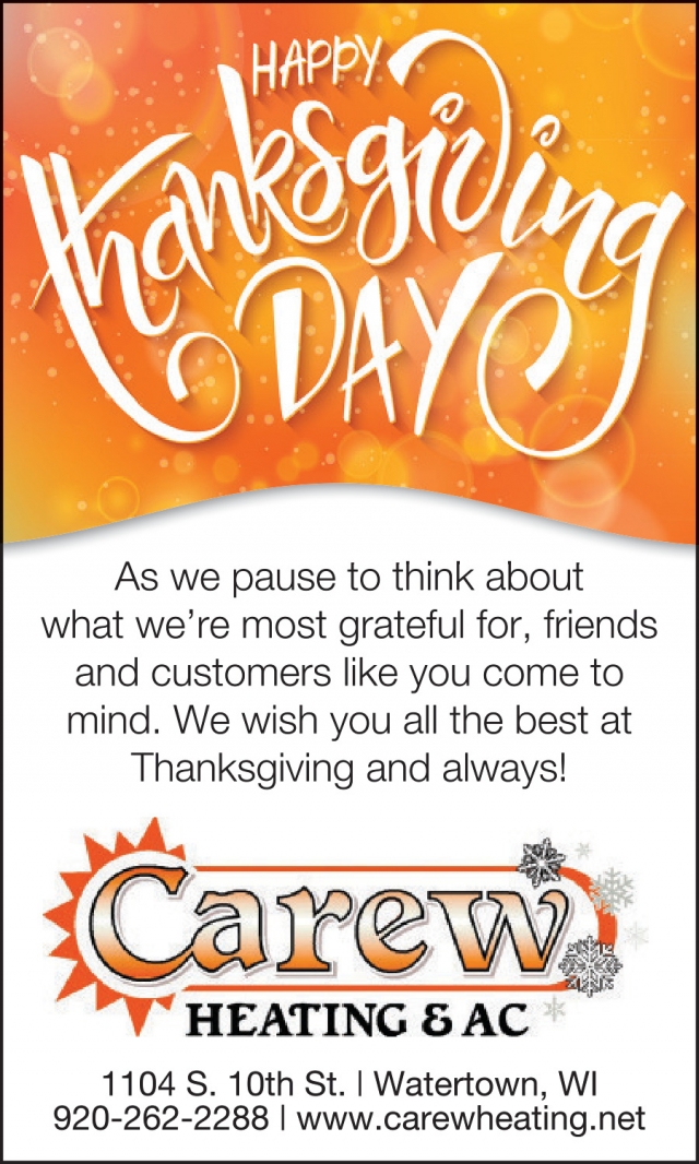 Happy Thanksgiving Day, Carew Heating & AC, Inc., Watertown, WI