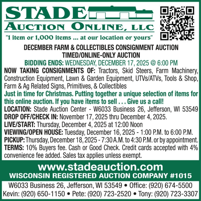 December Farm & Collectibles Consignment Auction, Stade Auction Online, LLC