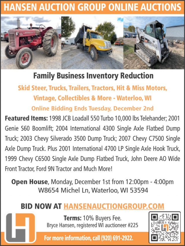 Online Auctions, Hansen Auction Group, Downing, WI
