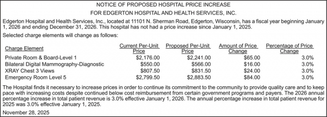 Notice of Proposed Hospital Price Increase, Edgerton Hospital & Health Services