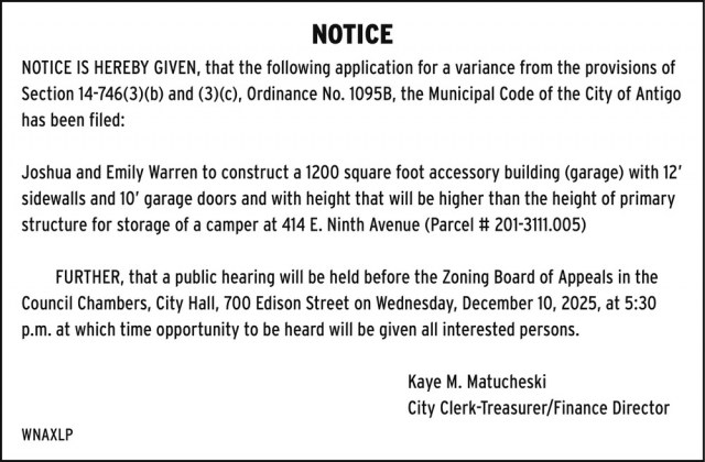 Notice, City of Antigo, Antigo, WI