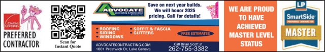 We Are Proud to Have Achieved Master Level Status, Advocate Contracting & Restoration Services, Inc, Lake Geneva, WI