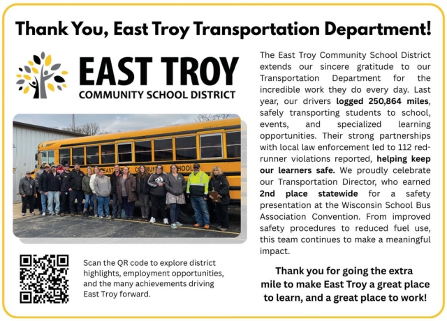 Thank You, East Troy Transportation Department!, East Troy Trojans, East Troy, WI