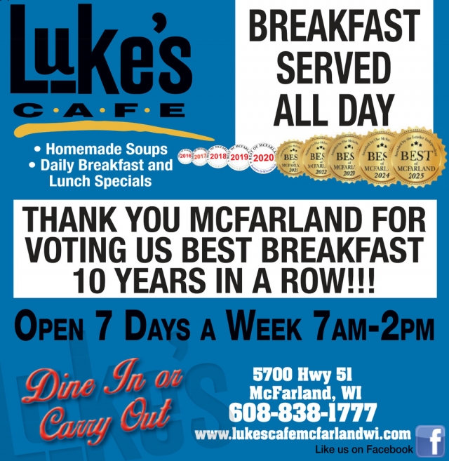 Breakfast Served All Day, Lukes Cafe, Mcfarland, WI