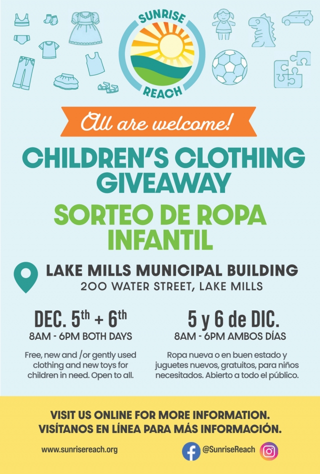 Children's Clothing Giveaway, Sunrise Reach Children's Clothing Giveaway (December 5 & 6, 2025), Lake Mills, WI