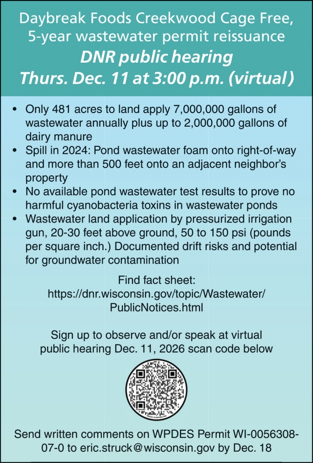 Daybreak Foods Creekwood Cage Free, DNR Public Hearing (December 11, 2025)