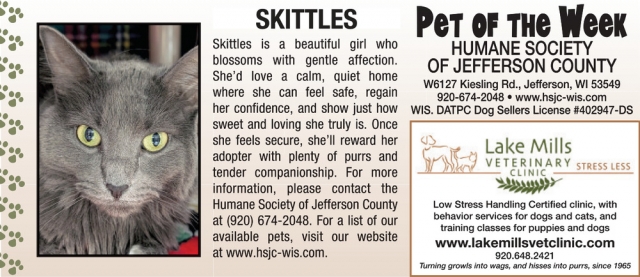Pet of The Week Humane Society of Jefferson Conty, Lake Mills Veterinary Clinic, Lake Mills, WI