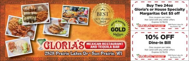10% OFF Dine-In Bill, Gloria's Mexican Restaurant and Tequila, Madison, WI