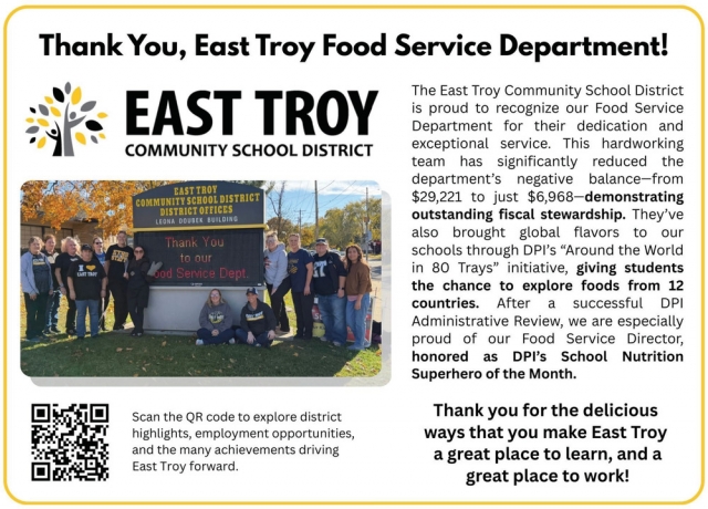 Thank You, East Troy Food Service Department!, East Troy Community School District, East Troy, WI
