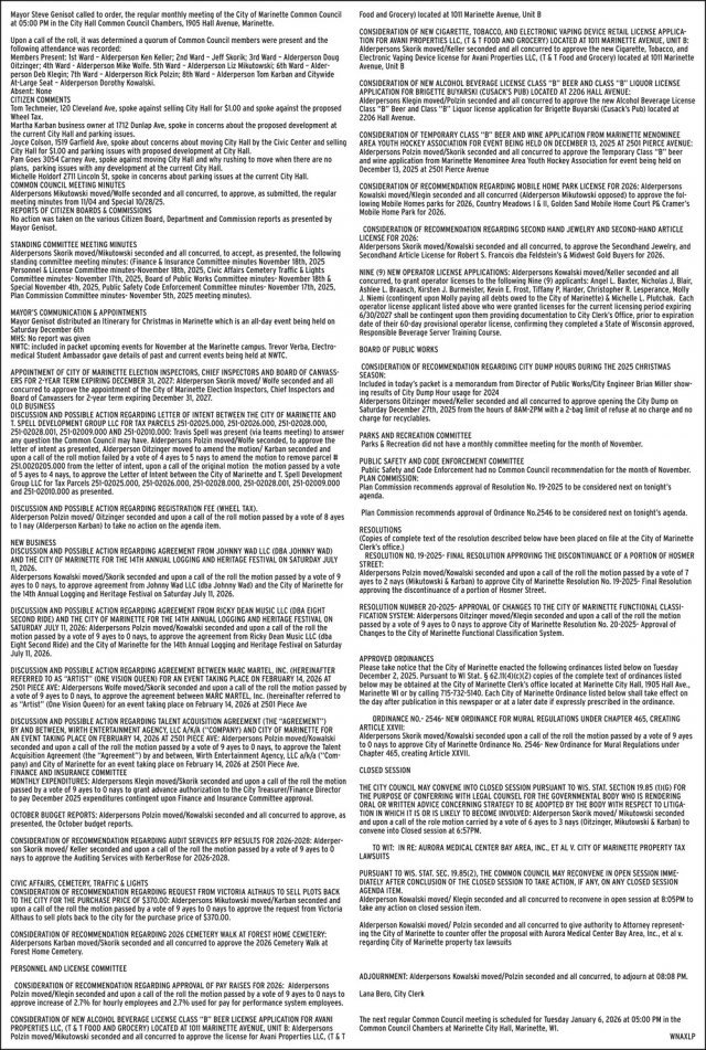 Notice, City of Marinette, Marinette, WI