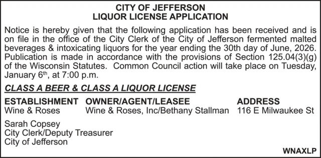 Liquor License Application, City Of Jefferson, Jefferson, WI