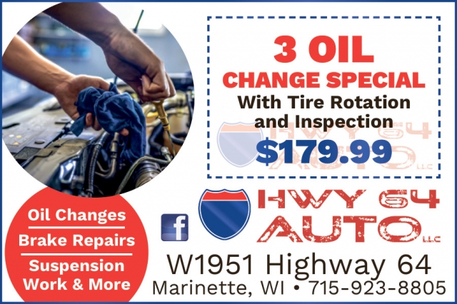 3 Oil Change Special, Hwy 64 Auto LLC, Marinette, WI