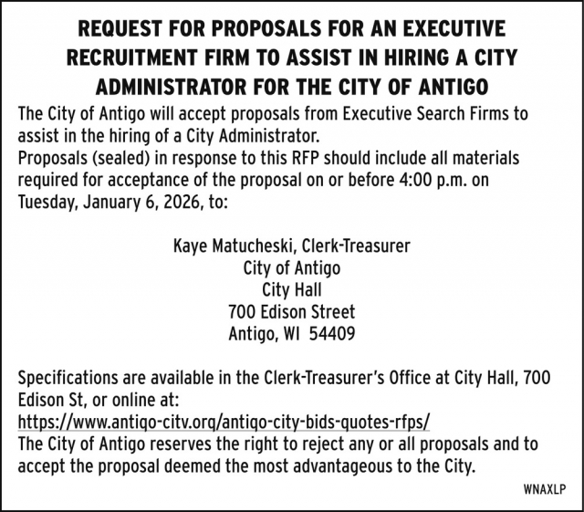 Request for Proposals, City of Antigo, Antigo, WI