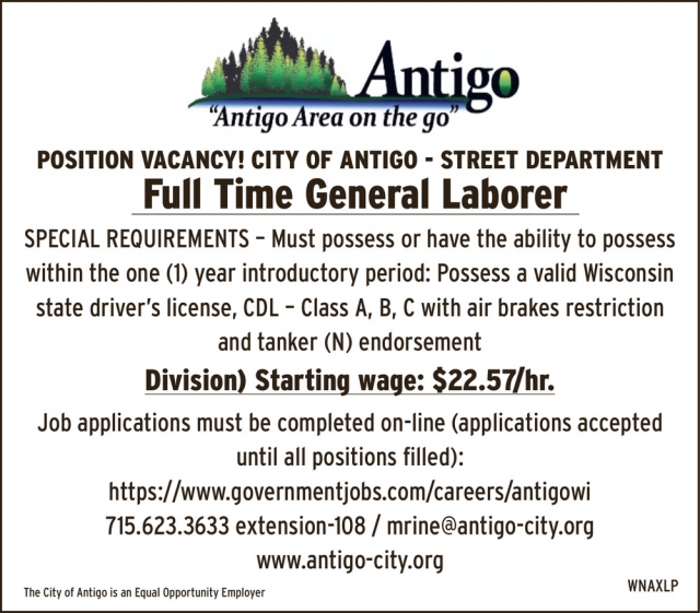 General Laborer, City of Antigo, Antigo, WI