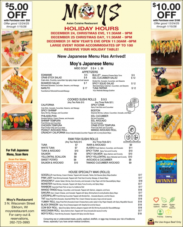 Holiday Hours, Moy's Restaurant, Elkhorn, WI