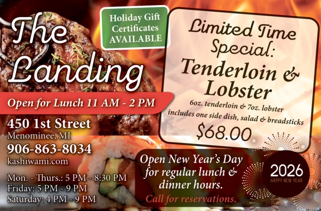 Limited Time Special: Tenderloin & Lobster, The Landing Restaurant, Menominee, MI