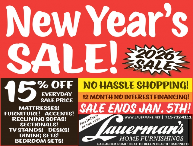 New Year's Sale!, Lauerman's Home Furnishing, Marinette, WI