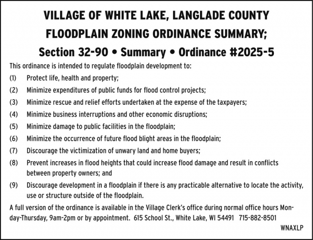 Floodplain Zoning Ordinance Summary, Village of White Lake, White Lake, WI
